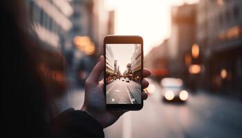 mano Tenere inteligente Telefono cattura paesaggio urbano a crepuscolo generato di ai foto