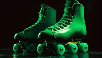 verde gli sport scarpa su nero sfondo rotoli veloce generato di ai foto