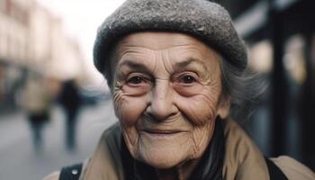 uno anziano donna a piedi con fiducia nel inverno generato di ai foto