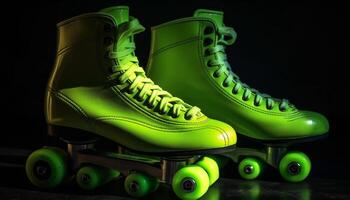 verde gli sport scarpa su nero sfondo, allacciato su generato di ai foto