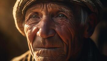 sorridente anziano uomo, rughe mostrare vita viaggio generato di ai foto