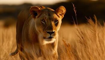 maestoso leonessa a piedi nel africano natura selvaggia a crepuscolo generato di ai foto