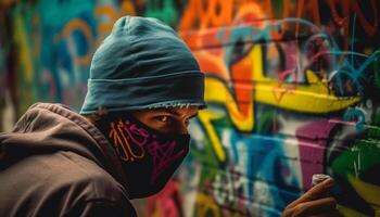 incappucciato giovane adulto vandalizza città parete a notte generato di ai foto