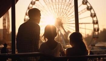 sorridente coppia gode tramonto, amore e solidarieta generato di ai foto