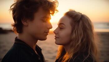 giovane coppia Abbracciare una persona nel natura a tramonto generato di ai foto
