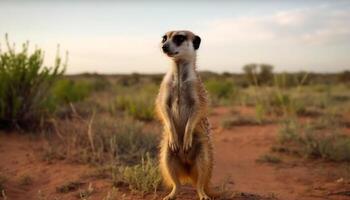 piccolo meerkat in piedi mettere in guardia, Guardando natura bellezza generato di ai foto