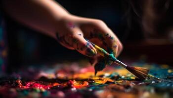 bambino artista vernici vibrante, disordinato capolavoro in casa generato di ai foto