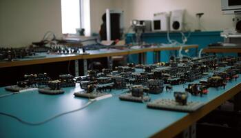 robotica braccio saldatura complesso circuito tavola in casa generato di ai foto