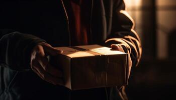 uno uomo Tenere regalo scatola, apertura con gioia generato di ai foto