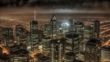 illuminato grattacieli riflettere su il lungomare a notte generato di ai foto