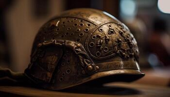 tradizionale esercito casco, antico metallo completo da uomo di armatura generato di ai foto