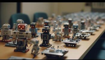 futuristico robotica braccio controlli macchinari nel fabbrica generato di ai foto