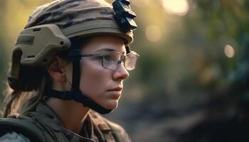 giovane adulti esplorando natura nel militare uniforme generato di ai foto