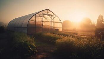 tramonto al di sopra di rurale azienda agricola, verde crescita prospera generato di ai foto