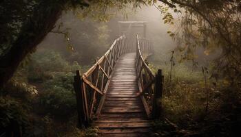 tranquillo sentiero attraverso nebbioso autunno foresta generato di ai foto