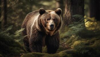 maestoso grizzly orso a piedi nel Alberta natura selvaggia generato di ai foto