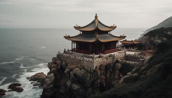 antico pagoda in cima scogliera, prospiciente montagna paesaggio generato di ai foto