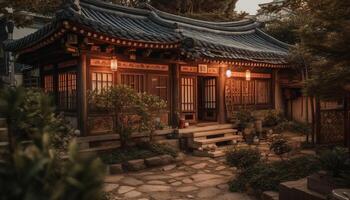 antico pagoda illuminato a notte nel Seoul generato di ai foto