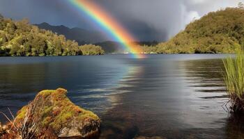 arcobaleno colori riflettere nel tranquillo foresta stagno generato di ai foto