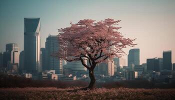 ciliegia fiorire albero si illumina città orizzonte a crepuscolo generato di ai foto