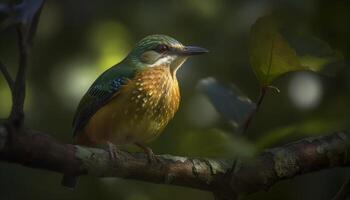 Multi colorato ape mangiatore perching su ramo, vicino su generato di ai foto