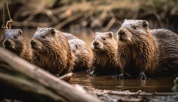 giocoso castoro trio gode bagnato autunno giorno generato di ai foto