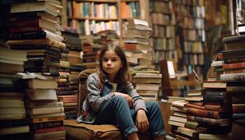 carino ragazza lettura letteratura su biblioteca mensola generato di ai foto