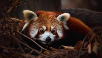 carino giovane panda seduta su albero ramo generato di ai foto