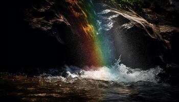 trasparente onda spruzzi contro roccioso scogliera bellezza generato di ai foto