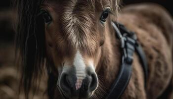 cavalla pascolo nel prato, guardare a telecamera generato di ai foto