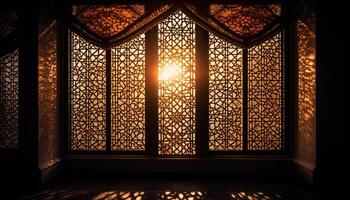 ornato lanterna si illumina antico Arabo stile architettura nel buio notte generato di ai foto