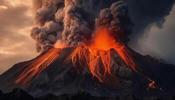 eruzione montagna sputa Fumo, fiamma, cenere, distruzione, Pericolo, e inquinamento generato di ai foto