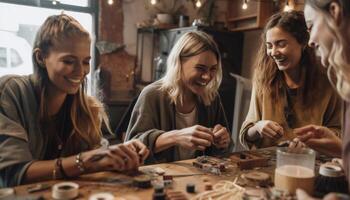 creativo giovane adulti Sorridi, lavorazione un' attività commerciale insieme generato di ai foto