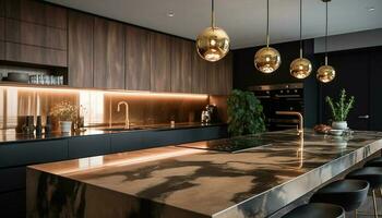 lusso cucina design con elegante marmo isola generato di ai foto