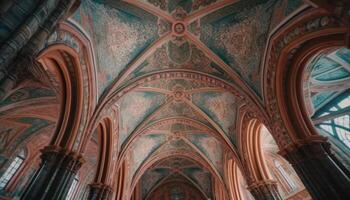 ornato macchiato bicchiere finestre illuminare antico Cattedrale soffitto generato di ai foto