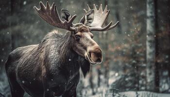 cornuto alce nel inverno foresta, nevicando la tranquillità generativo ai foto