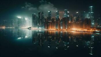 illuminato orizzonte riflette nel acqua, vivace città vita notturna generato di ai foto