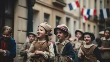 sorridente bambini nel tradizionale capi di abbigliamento godere parata generato di ai foto