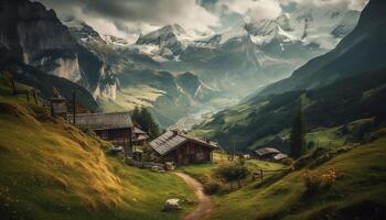 maestoso montagna picco, tranquillo prato, sereno bellezza generato di ai foto