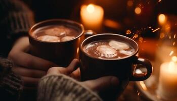 Tenere caldo cioccolato, godendo calore generato di ai foto