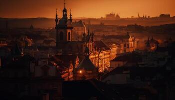 medievale campanile retroilluminato di tramonto d'oro nebbia generato di ai foto