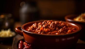 appena cucinato fatti in casa stufato nel rustico ciotola generato di ai foto