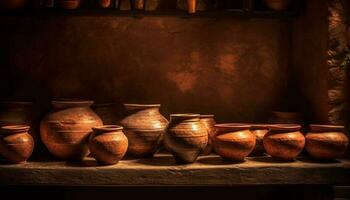 antico terracotta ceramica collezione su rustico mensola generato di ai foto