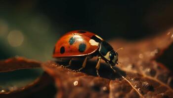 macchiato coccinella striscia su fresco verde foglia generato di ai foto