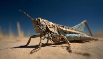 giallo locusta riposo su sabbia, vicino su Visualizza generato di ai foto