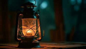 antico lanterna raggiante con naturale fiamma leggero generato di ai foto