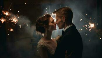 Novelli sposi abbraccio nel appassionato nozze notte danza generato di ai foto