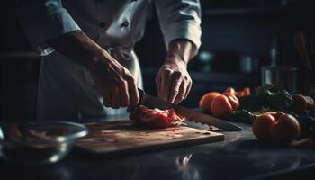 uomo affettare fresco biologico pomodoro per salutare pasto generato di ai foto