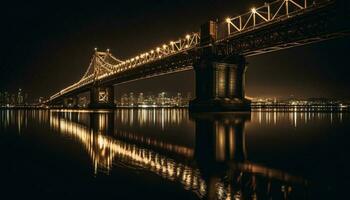 illuminato sospensione ponte si connette città e lungomare generato di ai foto