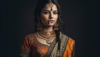 uno donna guardare fiducioso nel tradizionale sari generato di ai foto